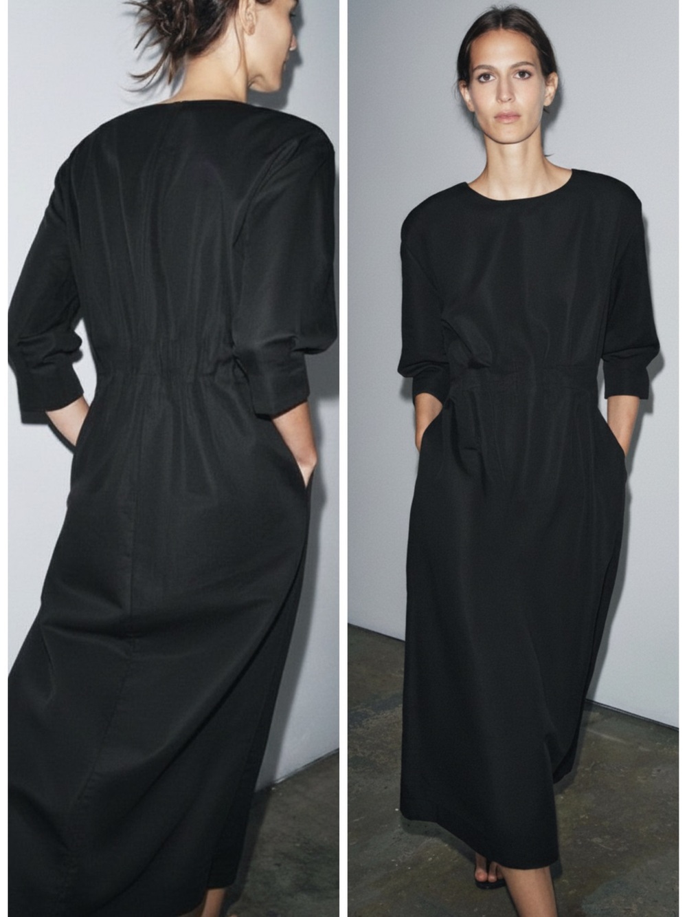 Zara Black Midi Dress with Cinched Waist
